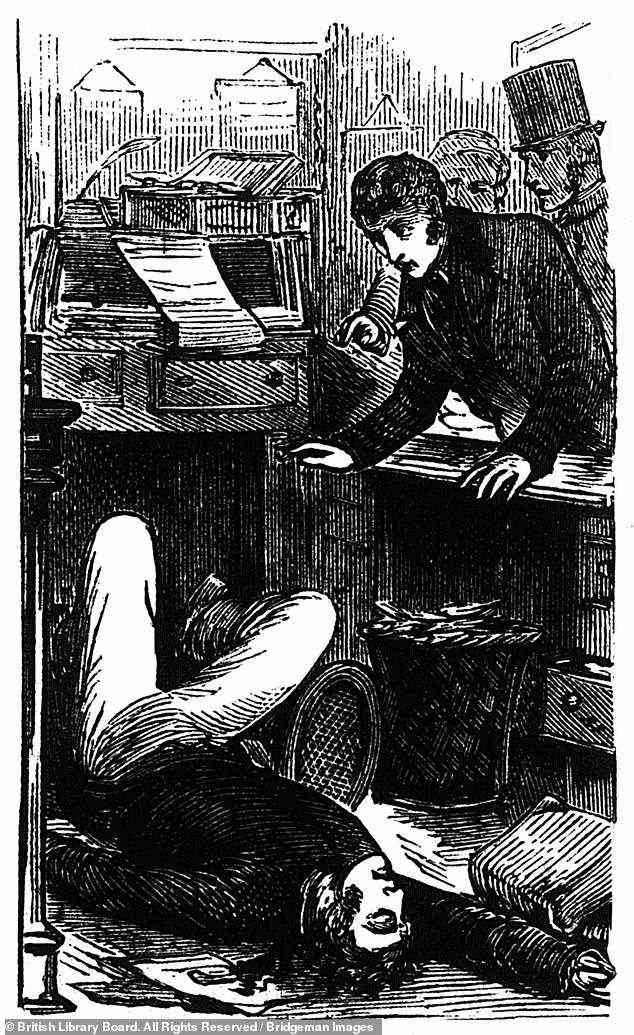 THE MURDER VICTIM: On the morning of November 14, 1856, George Little, the chief cashier of Broadstone railway terminus was found dead on the floor of his office, lying in a pool of his own blood. Pictured, ‘The Murder of Mr Little’ woodcut, from Illustrated Police News, 1882