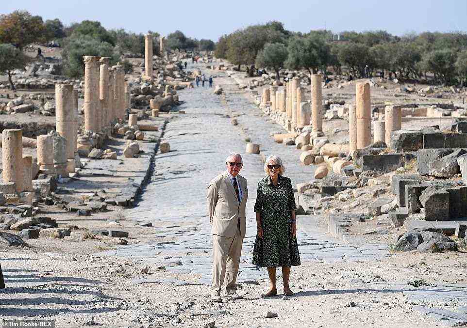 Day two! Prince Charles, 73, and Camilla, 74, arrived in Umm Qais, the site of the ancient city of Gadara, this morning for a walking tour around the historic ruins, which lie two hours' drive north of the Jordanian capital of Amman, where the couple enjoyed an extravagant dinner at Al Husseiniya Palace on Tuesday evening