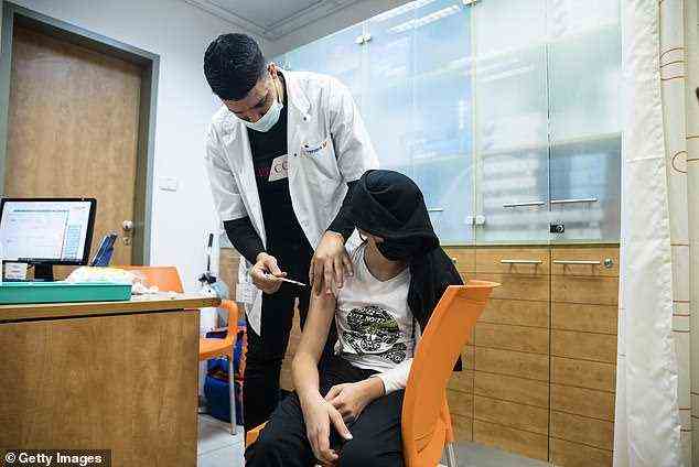 Die Forscher untersuchten mehr als 80.000 Erwachsene, die vollständig mit dem Pfizer-BioNTech-Impfstoff geimpft wurden.  Im Bild: Yan Shaposhnik, 10, erhält am 23. November in Netanya, Israel, einen Pfizer-BioNTech-COVID-19-Impfstoff