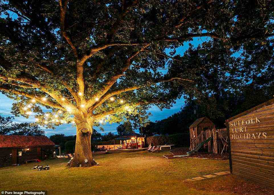 'Suffolk Yurts is a family affair with the hands-on owners Jane and Paul readily available,' writes Eve McGowan. Pictured is the idyllic glamping site at dusk