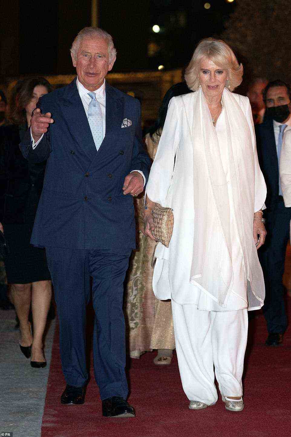 The Prince of Wales, 73, and the Duchess of Cornwall, 74, attended a centenary celebration of the founding of the Jordanian state at the Jordan Museum in Amman on the second day of their tour of the Middle East this evening