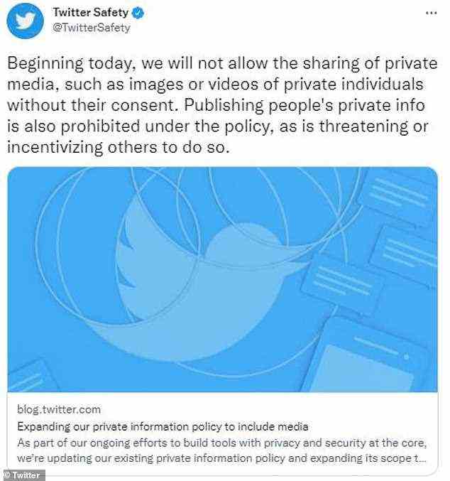 Twitter kündigte am Dienstag eine Erweiterung seiner Datenschutzrichtlinie an, die das Teilen von „privaten“ Fotos und Videos von Personen ohne deren Zustimmung verbietet