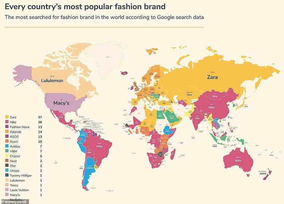Eine faszinierend umgestaltete Weltkarte zeigt die beliebtesten Modemarken der Welt im Jahr 2021