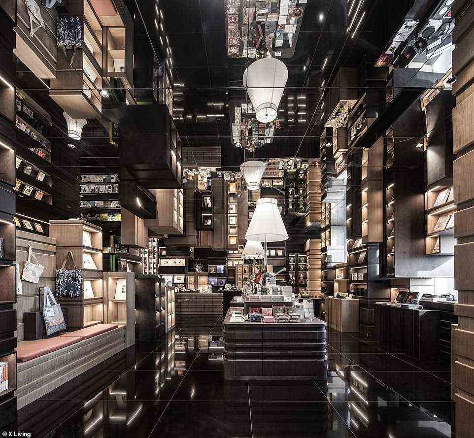 Abgebildet ist der Laden Zhongshuge in der Stadt Ningbo.  Seit 2010 hat X+Living studios über 20 Räumlichkeiten der Buchhandlungskette gestaltet