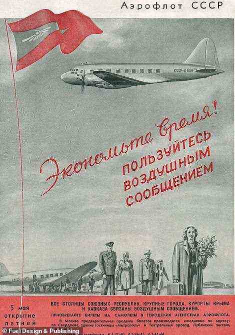 This is an Aeroflot advertisement in weekly magazine Ogonek, depicting an Ilyushin 12, the first post-WWII Soviet airliner. The advert is telling the readers: 'Save Time! Use air transport'