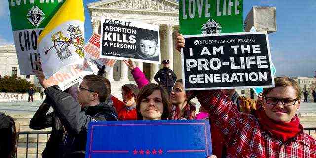 In diesem Aktenfoto vom 18. Januar 2019 protestieren Anti-Abtreibungsaktivisten während des March for Life in Washington vor dem Obersten Gerichtshof der USA. 