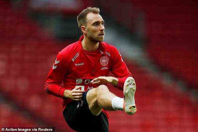 Christian Eriksen has been working on his recovery in Denmark after his cardiac arrest (pictured: warming-up in training for Denmark during Euro 2020)