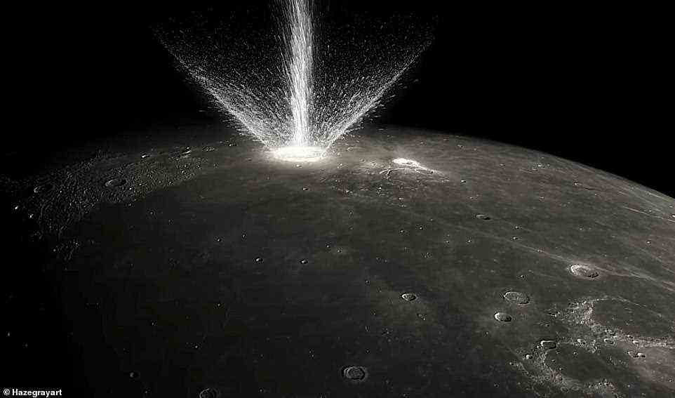 In dem dreiminütigen Clip funkeln kleine Lichter auf der Mondoberfläche, die Asteroiden darstellen, die auf seine Oberfläche krachen, und ein genauerer Blick zeigt eine atemberaubende Darstellung von Lichtern, die aus dem neu entstandenen Krater schießen