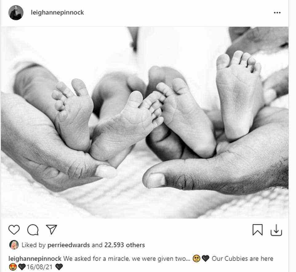 Cute: Leigh-Anne welcomed twins with fiancé Andre Gray in August and shared the wonderful news on Instagram at the time