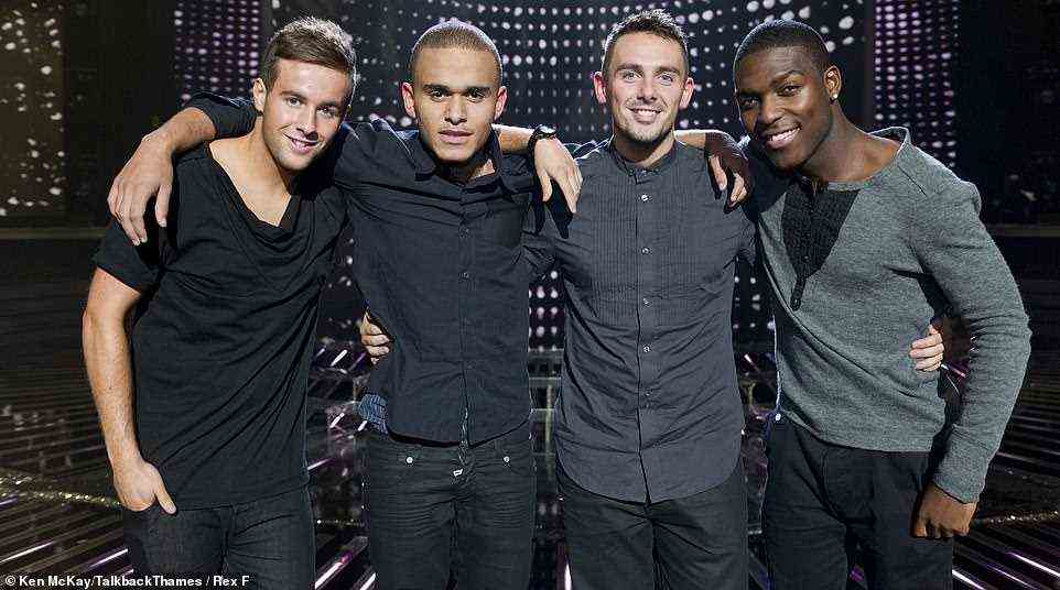 Boy band: A year after X Factor produced One Direction, Simon Cowell and the team were no doubt hoping to recapture the fandom with boyband The Risk, also put together from solo acts. However they ultimately went out early in the competition. Pictured left to right: Andrew Merry, Ashley Baptiste, Charlie Healy and Derry Mensah. Baptiste ultimately left the group