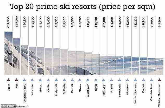 Top 20 der Top-Skigebiete nach Quadratmeterpreis (Preis in Euro)