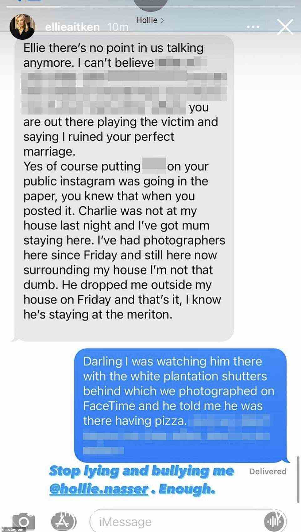 Ms Aitken uploaded a heated conversation she had with her former best friend on Instagram on Sunday