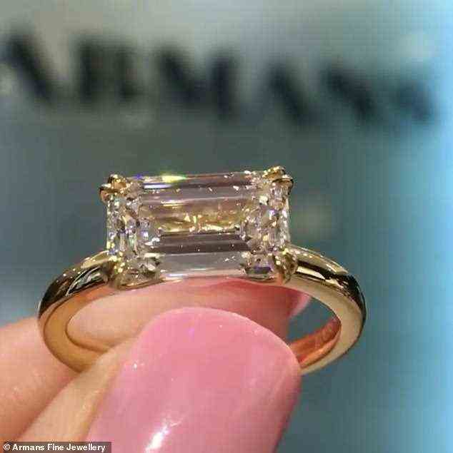 Unique: The jewellery brand shared a close-up video of the prized bling (pictured) to their Instagram page on Sunday. While emerald-cut diamonds normally sit on the band in a vertical fashion, Martha's design sees the diamond placed horizontally