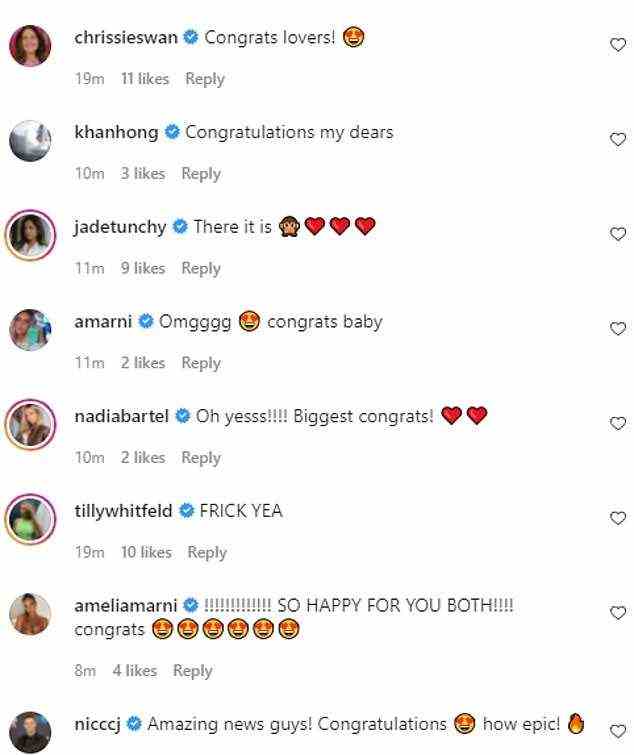 Heartfelt wishes: The couple's celebrity friends were quick to offer their congratulations in the comments section, with Chrissie Swan writing, 'Congrats lovers!'