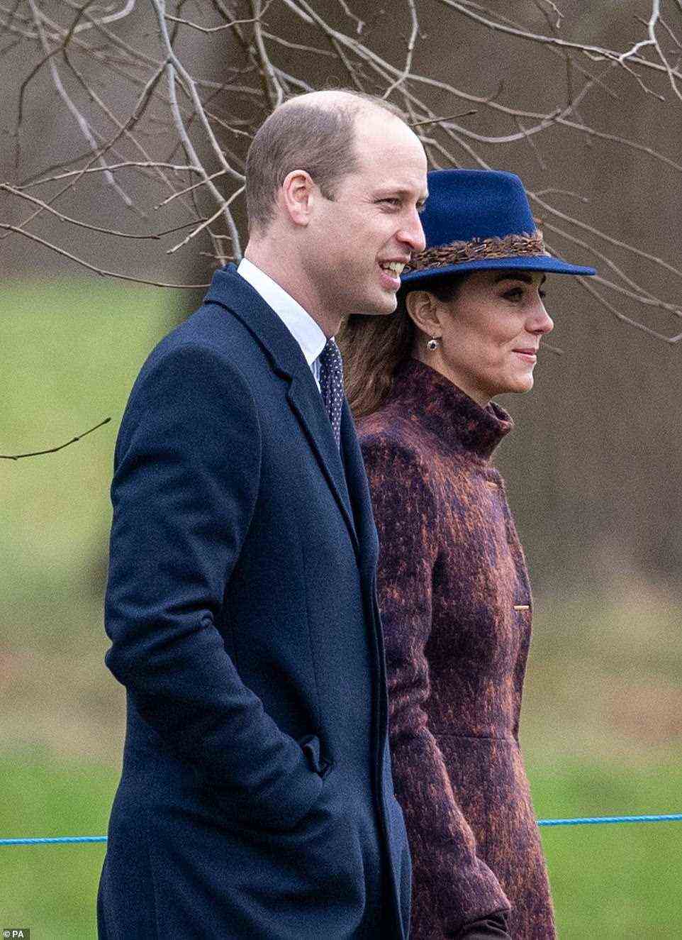 William likened the intimate podcast to 'a walk with my best mate or my wife', and listeners can hear his footsteps as he walks along describing the animals in fields around his home (Pictured: William walking with wife Kate Middleton, Duchess of Cambridge)