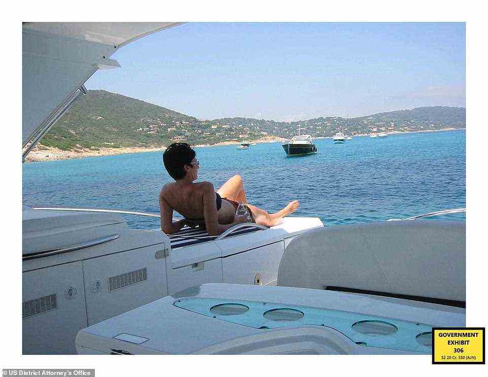 Another photo shows Maxwell sunbathing on a yacht in an unknown tropical location. Several of the photos show the couple in European cities posing for pictures together