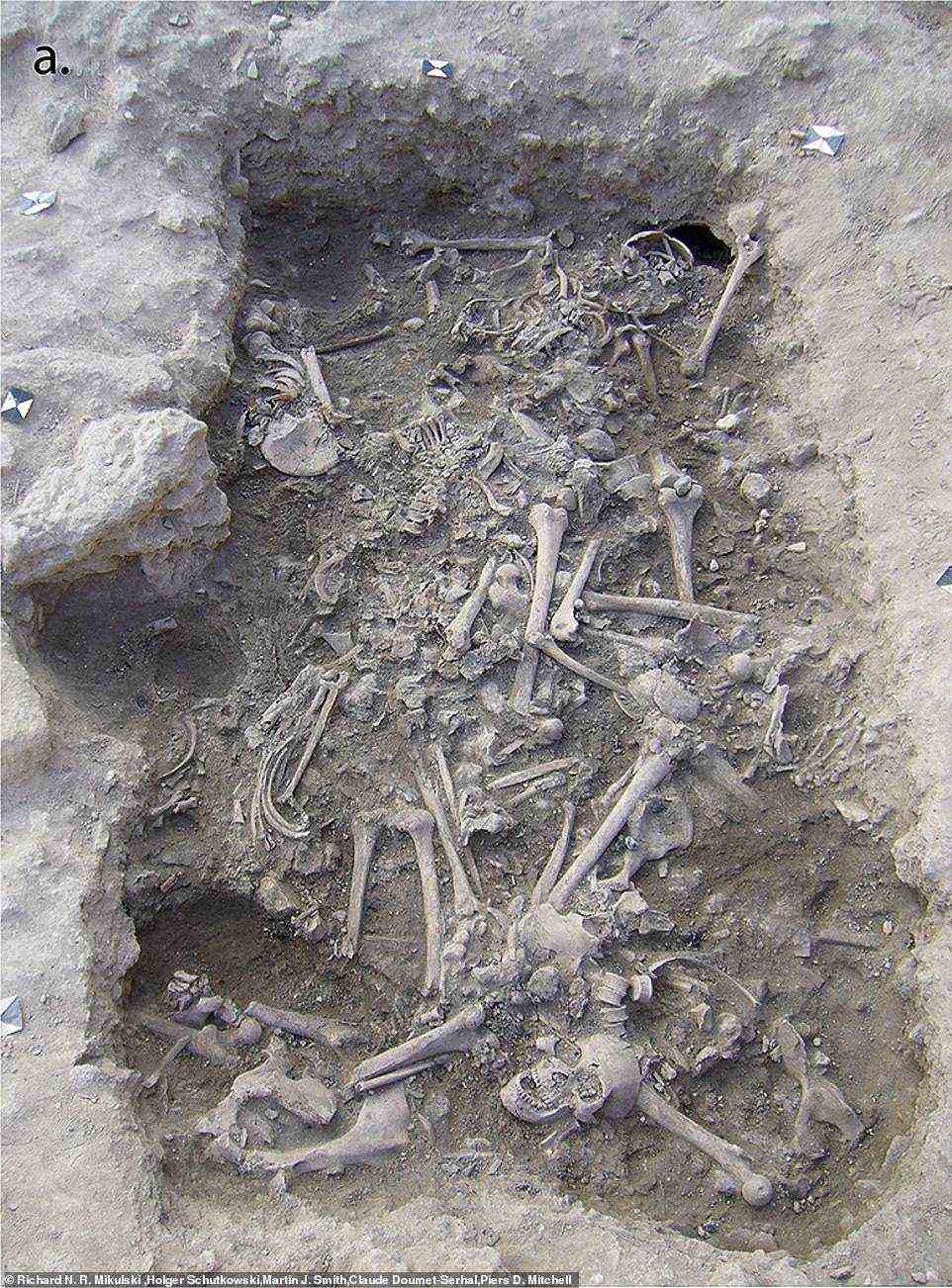 Wounds on the remains suggests the soldiers died at the end of swords, maces and arrows, and charring on some bones means they were burned after being dropped into the pit