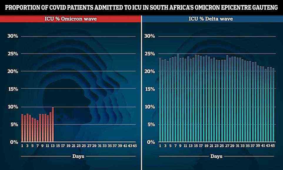 The proportion of Covid patients hospitalised in Gauteng, South Africa's Omicron epicentre, is shown during the Omicron (left) and Delta (right) waves. The start of each wave was marked as when South Africa announced its first case of the variant. Figures show that at present the ICU admission rate for Covid patients is just a third of the level seen at the same point during the Delta wave. Experts say this may suggest that the mutant strain is less severe than first feared