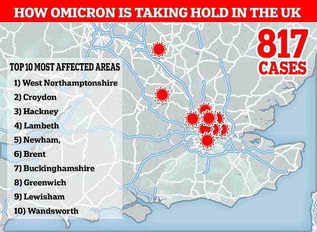 The above map shows the ten areas that have the most confirmed Omicron cases in England, according to the UK Health Security Agency. West Northamptonshire is the country's hotspot for the mutant strain, although eight in ten areas on the list are in London