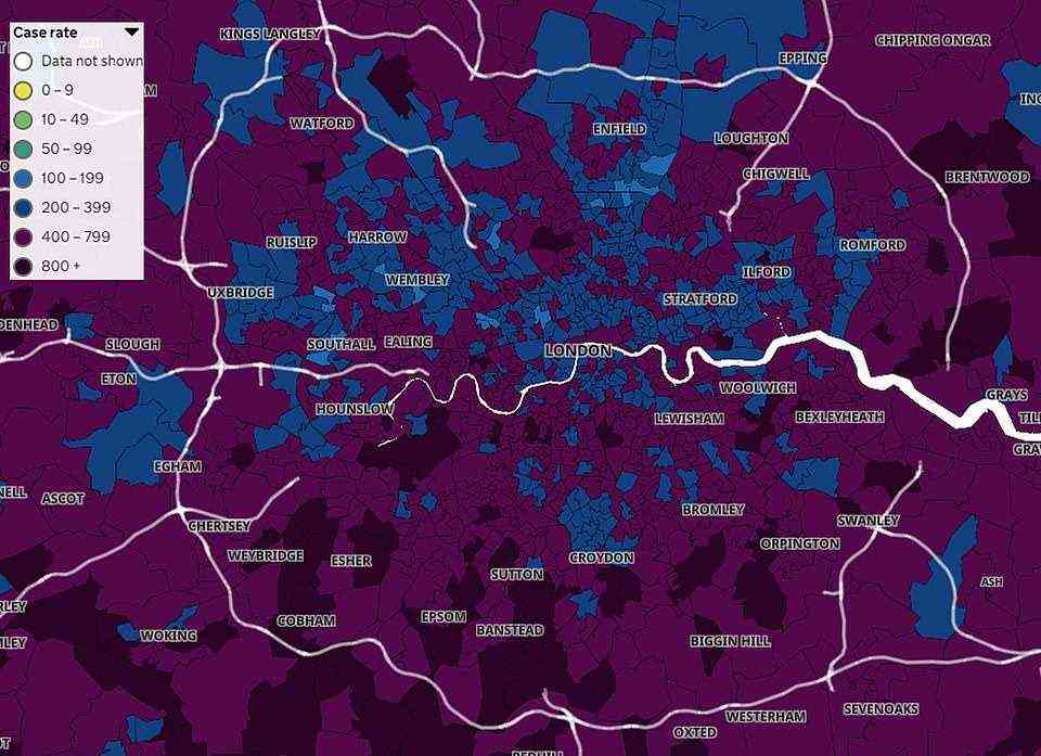 The above map shows the Covid infection rate across London by neighbourhoods, or middle-layer super output areas (MSOAs). Un the dark purple areas the rate is above 800 cases per 100,000 people, while in the purple areas it is between 400 and 799 cases per 100,000. The dark blue areas have a rate between 200 and 399 cases per 100,000