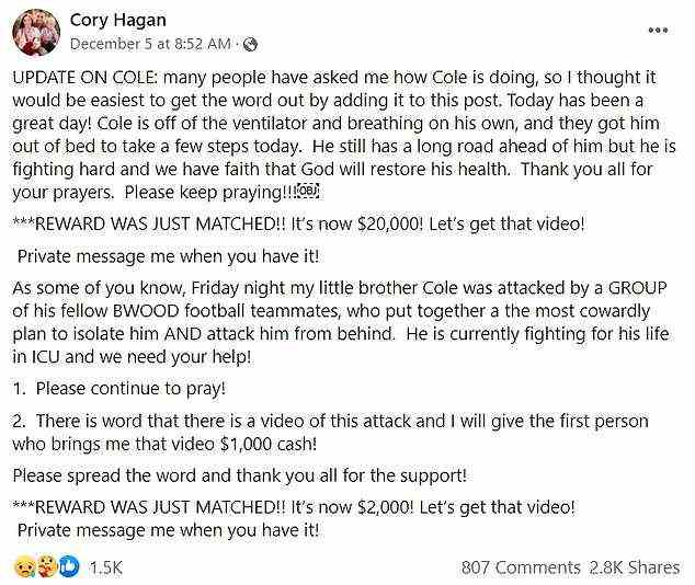 Cory stellte jedem, der bereit war, das Video des Angriffs seines Bruders zu teilen, ein Update zusammen mit einer Belohnung von 25.000 US-Dollar zur Verfügung.  Cole atmet endlich alleine, hat aber einen 