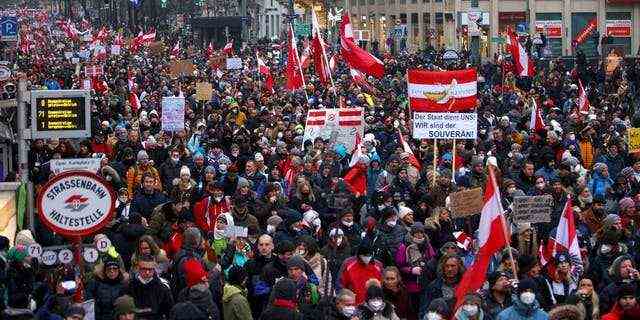 Demonstranten halten Fahnen und Plakate, während sie marschieren, um gegen die Beschränkungen der Coronavirus-Krankheit (COVID-19) und das Impfmandat in Wien, Österreich (Reuters) zu protestieren.