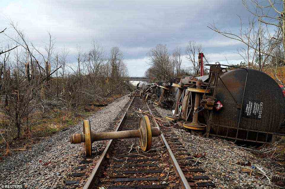 In Earlington, Kentucky the powerful winds derailed a freight train, tossing the heavy cars like a child's playthings