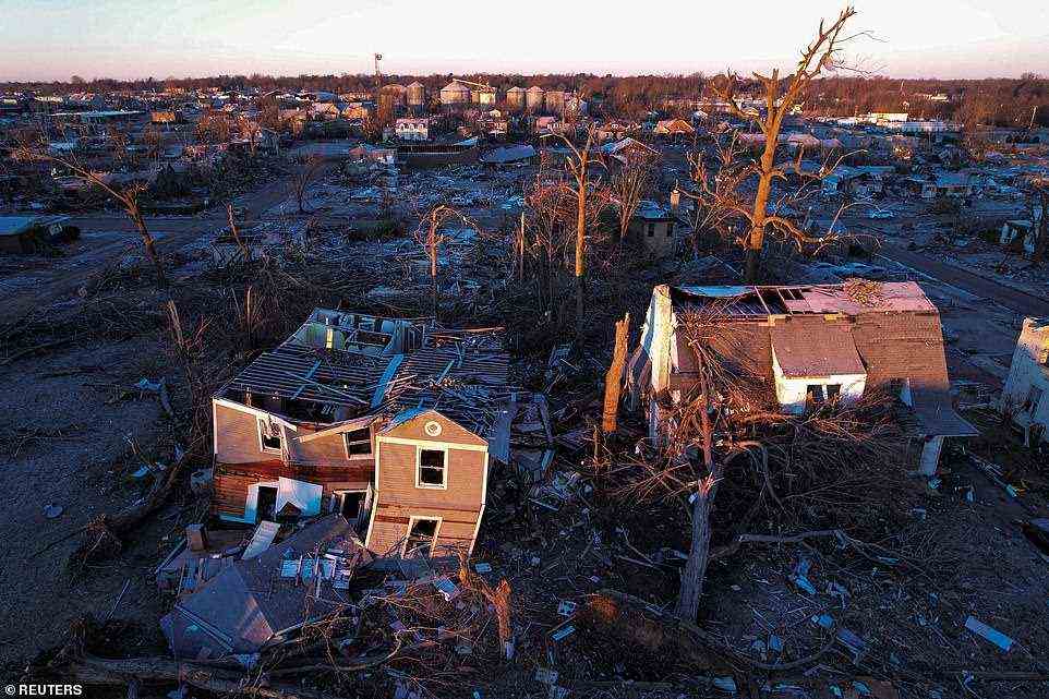 A general view of damage and debris in Mayfield, Kentucky after a devastating outbreak of tornadoes ripped through