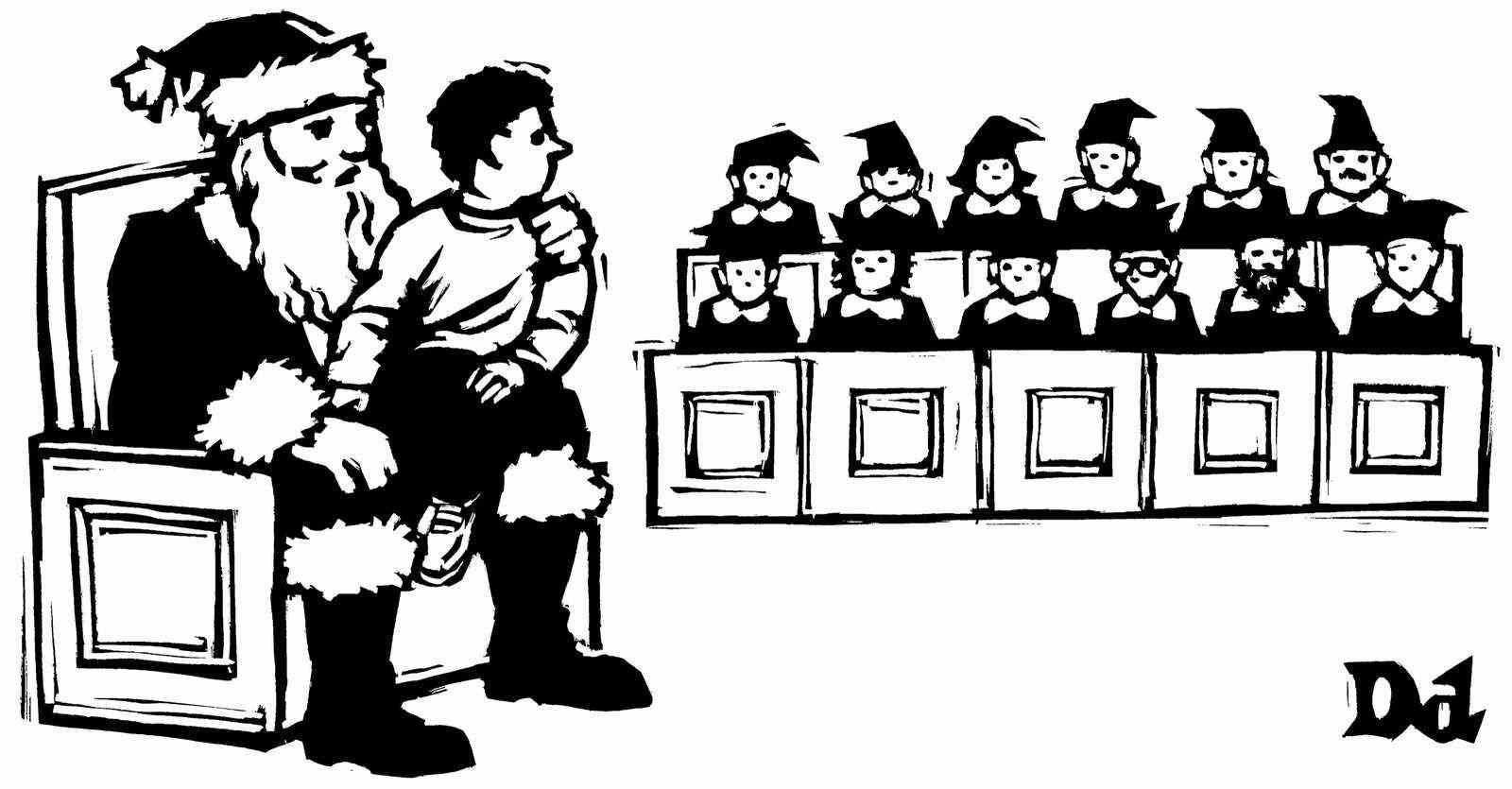 Einem Kind auf dem Schoß des Weihnachtsmanns wird gesagt, dass die Elfen wie eine Jury in einem Gerichtssaal sind.