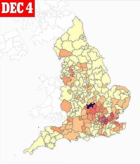 This map shows areas where the Omicron variant has been detected in England. The orange colour means there are only a few cases, while red and black suggests indicates there are more cases. Yellow means there are no cases