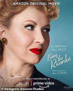 Kumpel: Nina Arianda, 37, trug auch die Mode der Ära, darunter lockiges Haar, rubinroter Lippenstift und große kugelförmige Ohrringe aus Kunststoff, als sie Vivian Vance porträtierte, die berühmt als Freds Frau und Lucys Kumpel Ethel Mertz in I Love Lucy spielte