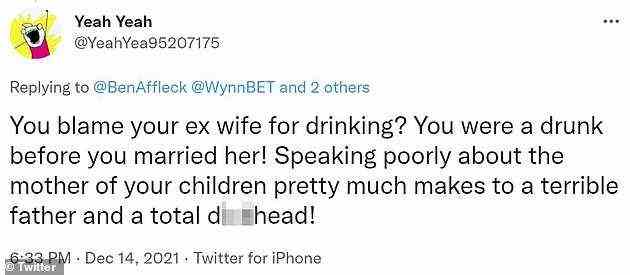 Missbilligung: „Sie geben Ihrer Ex-Frau die Schuld, dass sie getrunken hat?  Sie waren betrunken, bevor Sie sie geheiratet haben!'  twitterte einen leidenschaftlichen Twitter-Nutzer, während mehrere andere ihn aufforderten, „Verantwortung“ für seine eigenen Handlungen zu übernehmen