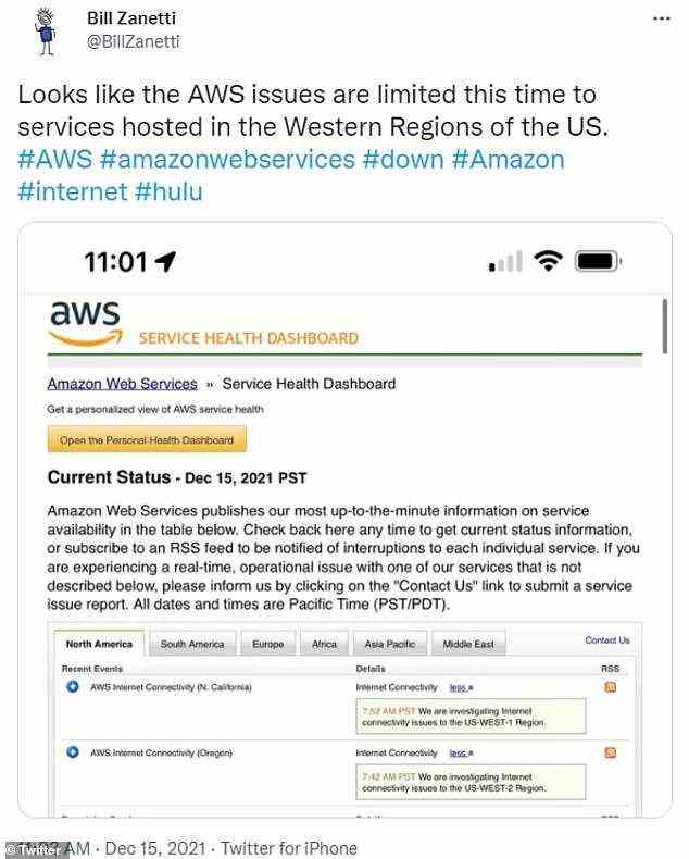 Die Dashboards zum Servicestatus von AWS zeigen Internetverbindungsprobleme in Nordkalifornien und Oregon, aber die Ausfallkarte von DownDetector zeigt, dass auch New York City und Boston Probleme haben