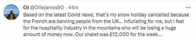 Ollie James hat seinen 12.000 Pfund schweren Skiurlaub abgesagt, wie er heute Morgen auf Twitter bekannt gab