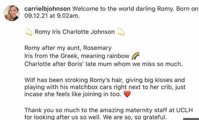 Carrie sagte heute in einem Instagram-Post (im Bild): „Willkommen in der Welt, Liebling Romy.  Geboren am 9. Dezember um 9.02 Uhr