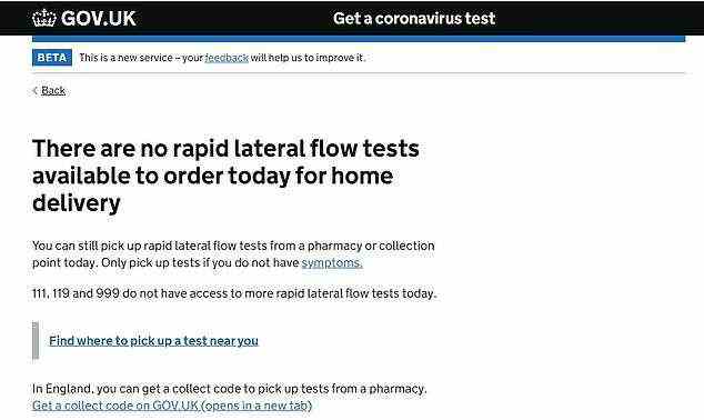 Die Website der Regierung stoppte zeitweise Bestellungen für Lateral-Flow-Tests, während Tausende von Apotheken ausgingen.  Tests waren jedoch am Mittwochmorgen verfügbar