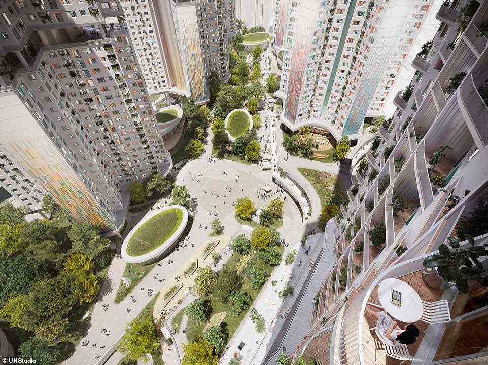 Die Stadt aus der Vogelperspektive mit Bäumen und Grünflächen, die die Gehwege zwischen den Gebäuden säumen