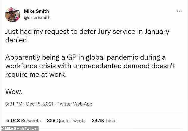He hit out at the system after his request to defer jury service so he can help the overworked NHS service amid the Omicron surge was denied