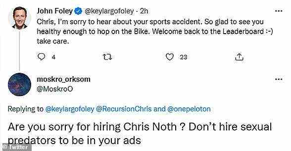Claims: Co-founder and CEO of Peloton John Foley was also directly tweeted at with a tweet accusing Noth of being an alleged sexual predator