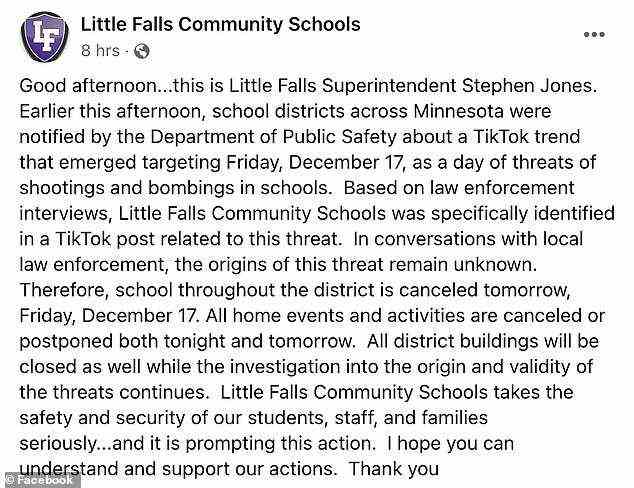 Die Little Falls Community Schools in Minnesota sagten, sie würden am Freitag den Unterricht absagen, nachdem der Bezirk „in einem TikTok-Beitrag im Zusammenhang mit dieser Bedrohung ausdrücklich identifiziert wurde“.