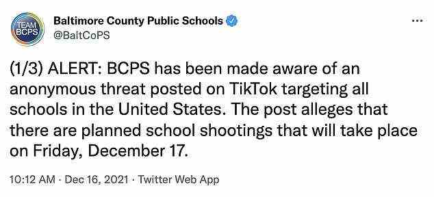Die öffentlichen Schulen von Baltimore County warnten Eltern und Schüler vor dem Trend, sagten jedoch später, dass die TikTok-Bedrohung „aus Arizona stammt und nicht glaubwürdig ist“.