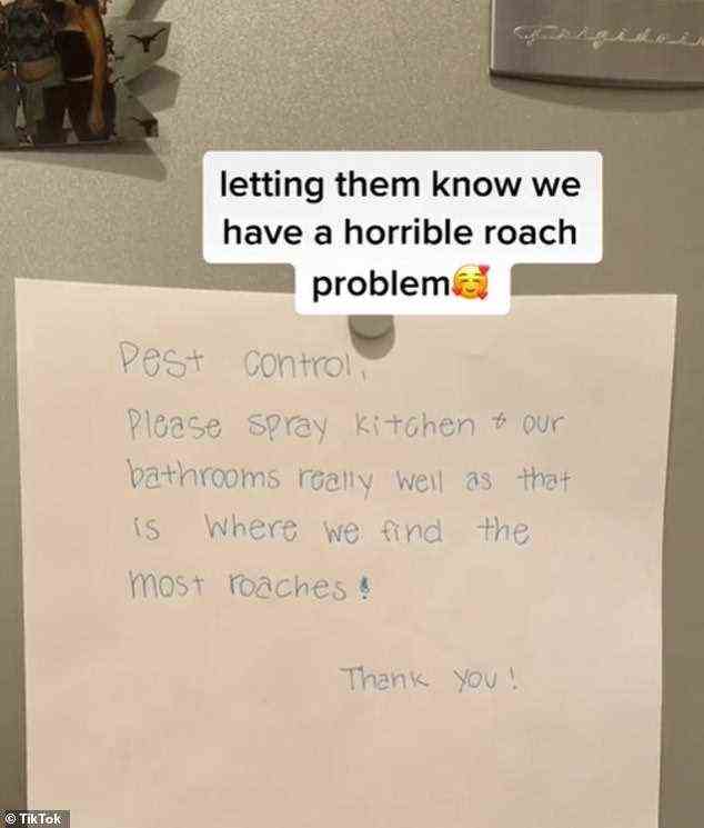 Sie hat auch eine Nachricht für die Schädlingsbekämpfung veröffentlicht, in der sie gebeten wurde, ihre Küche und ihr Badezimmer besprühen zu lassen
