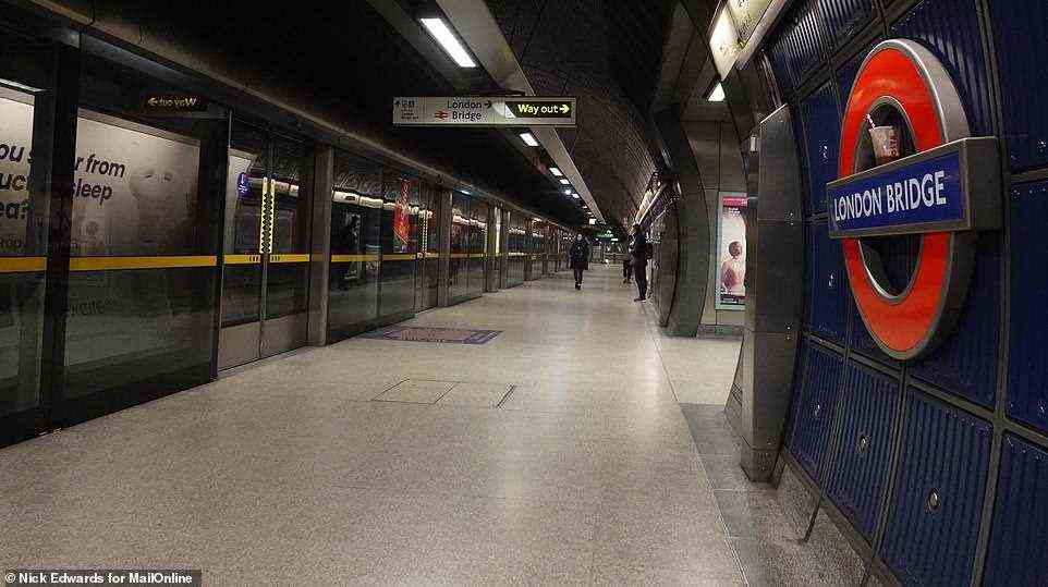 An empty platform at London Bridge underground station this morning after commuters were asked to work from home