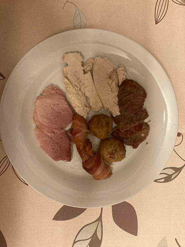 Jessica said: 'What a meat feast! This box contained every type of meat you could possibly desire for your Christmas dinner; you had your traditional turkey, beef, pigs in blankets, gammon and stuffing.'