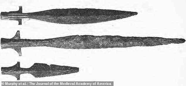 Dr Murphy and colleagues propose that barbed or lugged Viking spearheads would have been able to 'unzip' the rib cage quickly from the back — and that while the procedure would have been difficult, it would not have been impossible. Pictured: barbed Viking spearheads