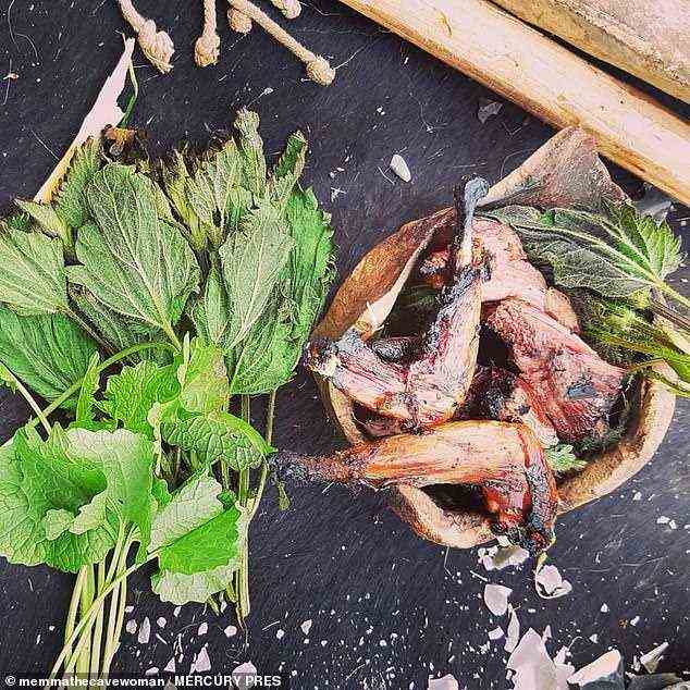 Sarah, who teaches children history and survival skills for a living, has shared a selection of dishes she has whipped up such as pigeon wings (pictured) and a sliced venison sandwich.