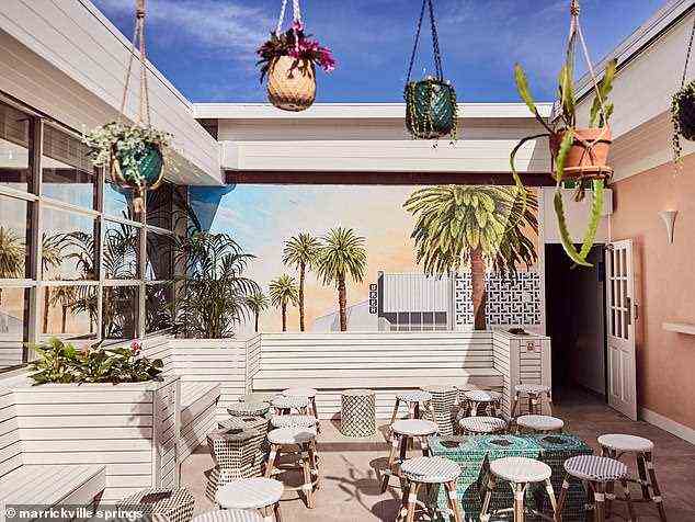 Marrickville Springs thront über dem Lagerhaus von Philter Brewing und ist eine pastellfarbene Oase, die vom legendären Wüstenresort Palm Springs inspiriert wurde
