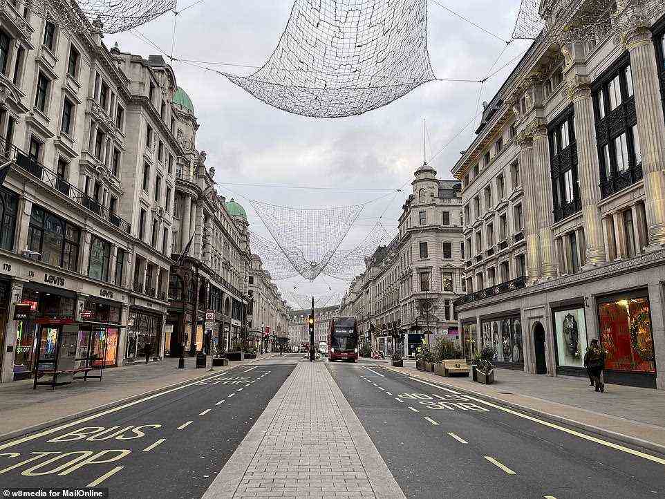 Regent Street is nearly empty in the West End at about 10.15am this morning as more and more people work from home