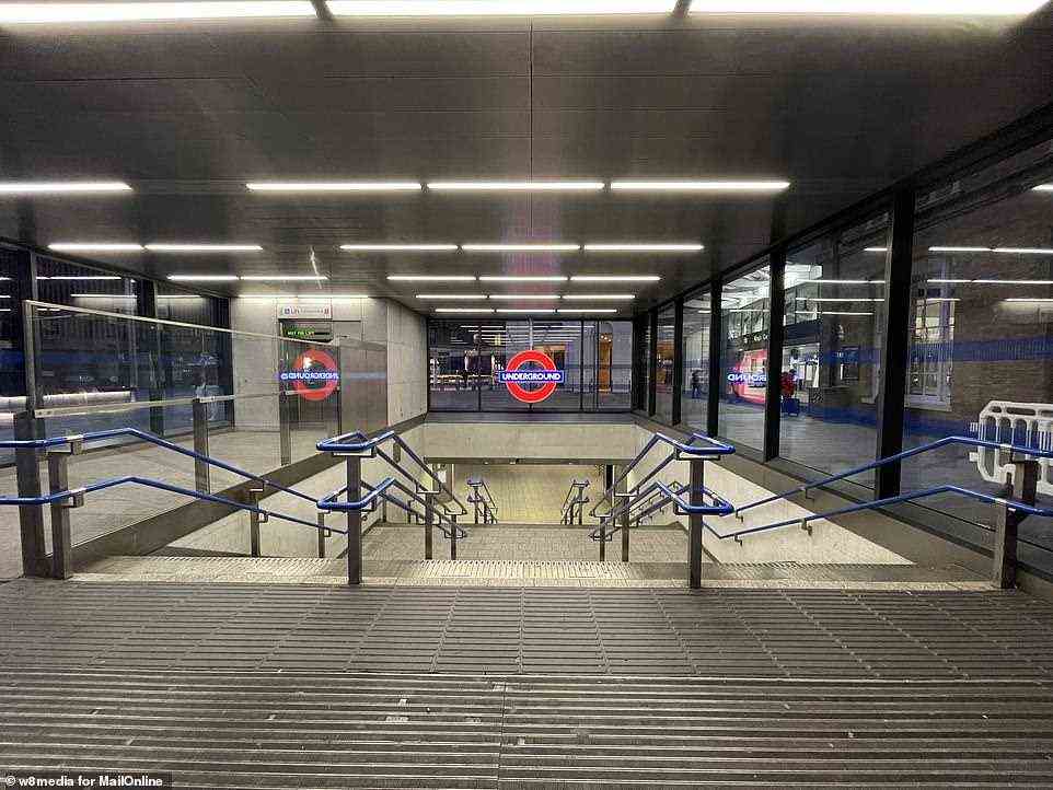 The empty staircases leading to London King's Cross St Pancras stations on the Underground network at about 8am today