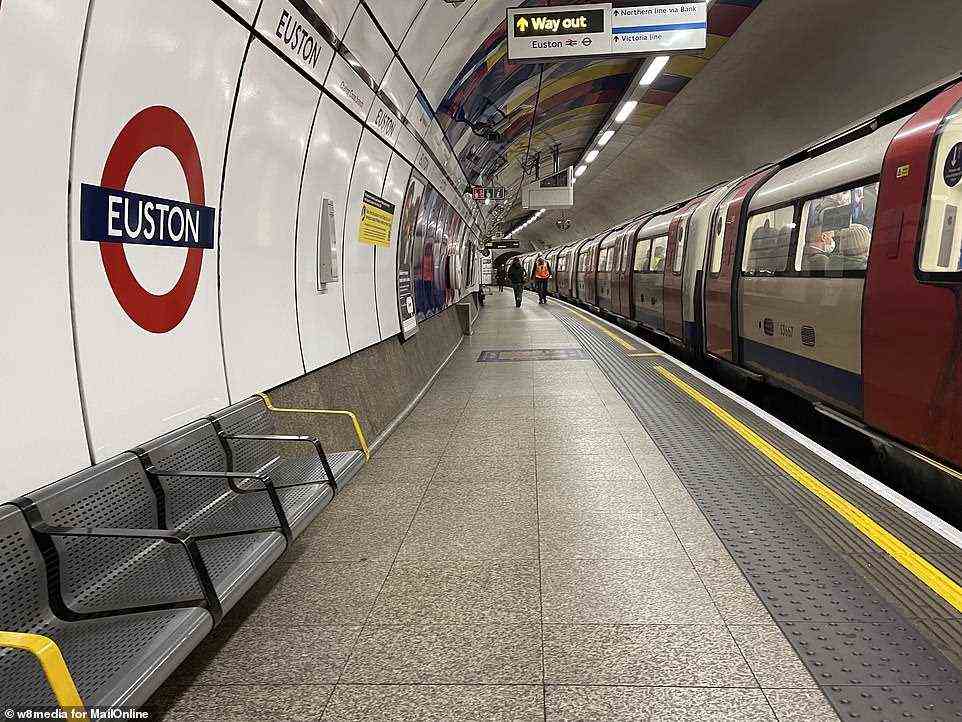A very quiet Northern line platform at Euston station on the London Underground at about 7.30am this morning